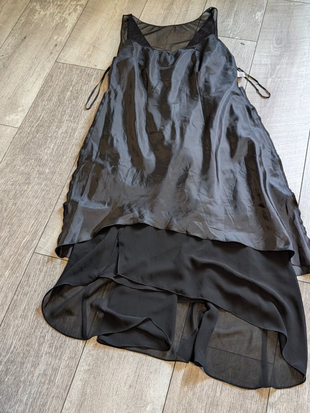 Vintage 90s Black Chiffon Asymmetrical Ruffle Hem Midi Dress 8 Romantic EUC 🖤 - Picture 11 of 15